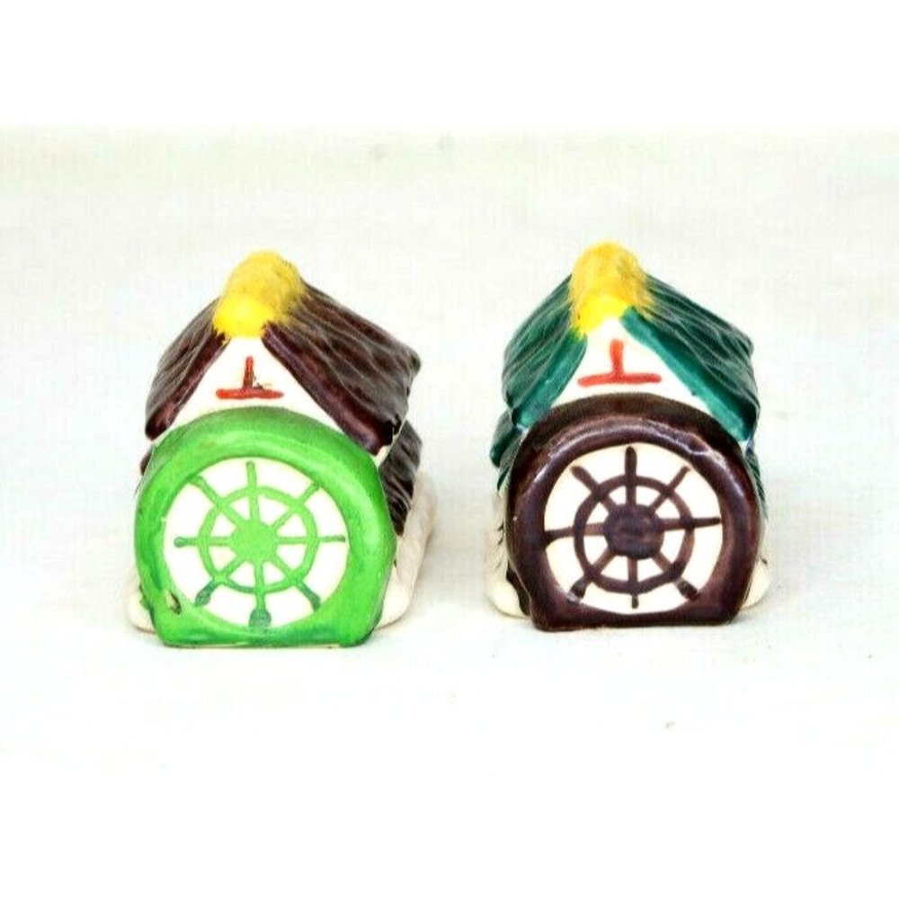 Vintage Small Mill Houses With Water Wheels Salt & Pepper Shakers